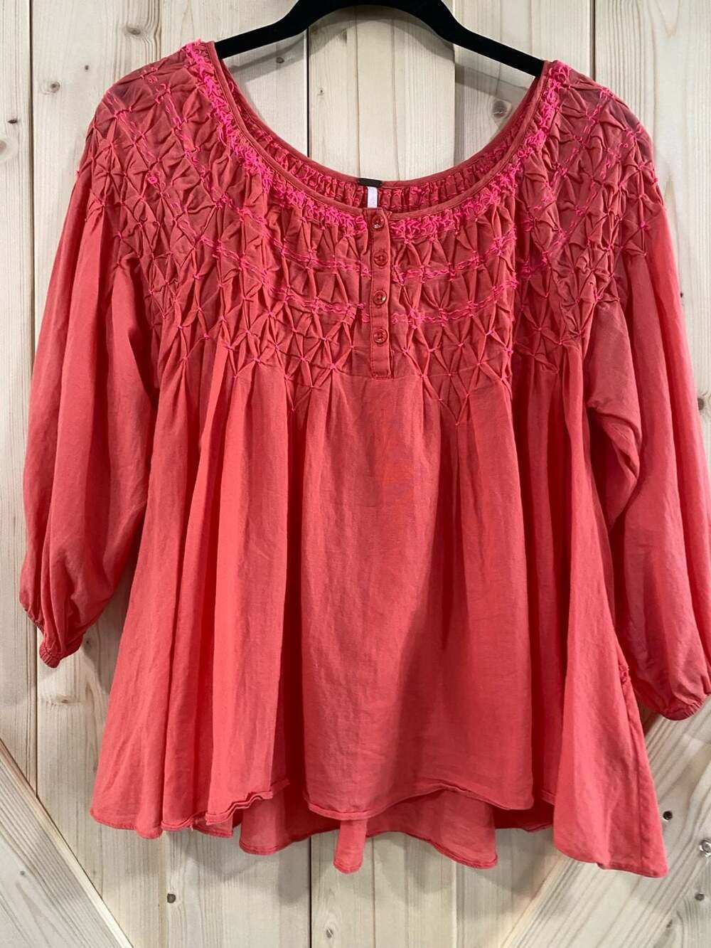 Free People Rippled Flow Blouse Size S Coral Pink Smocked Top